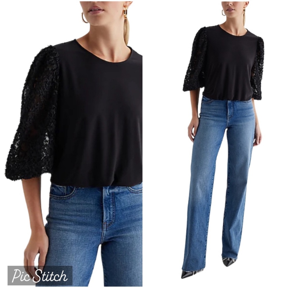 NWT Express Floral Lace 3/4 Puff Sleeve Crew Neck Elastic Hem Top Black Small